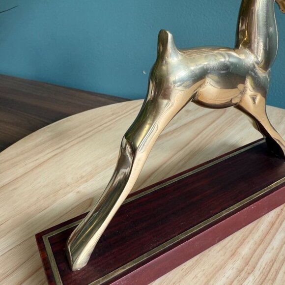 Vintage Brass Ibex Ram Hollywood Regency MCM Desk Decor Inlaid Wood Base - Picture 7 of 10